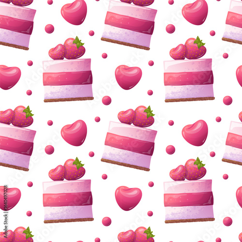 seamless pattern with strawberry cake and red hearts, a vibrant and appetizing cartoon style.