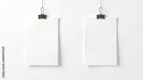 Two blank white cards hanging by binder clips on a white wall