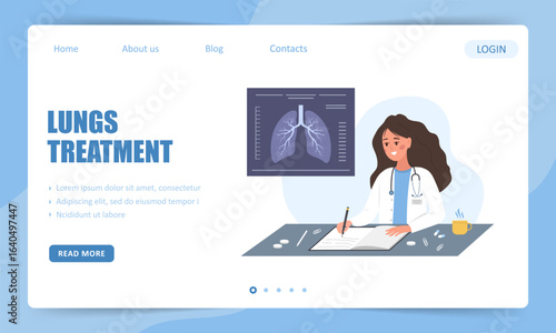 Lungs treatment. Landing page template. Female doctor check X Ray scanning. Vector illustration in flat cartoon style.