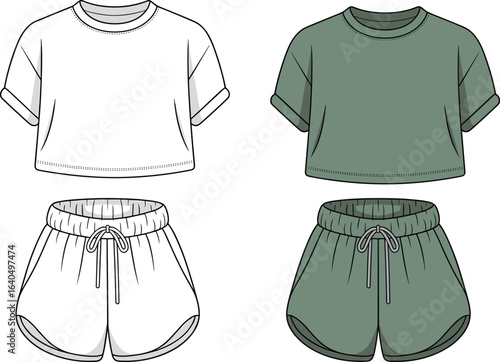 White and olive green crop top shorts set front view, casual summer two piece outfit template, unisex fashion clothing vector illustration