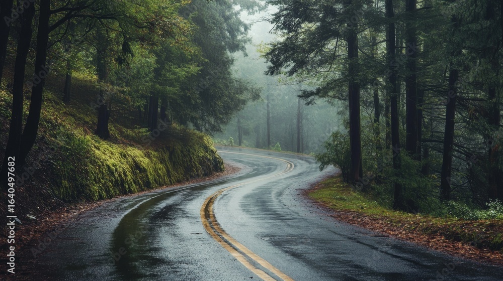 Fototapeta premium Rainy, winding road through a lush forest.