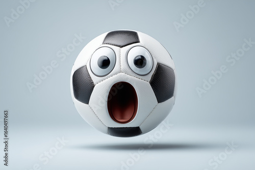 Emotive soccer ball with surprised eyes jumping against a minimalist background, perfect for sports enthusiasts looking for engaging and playful visuals