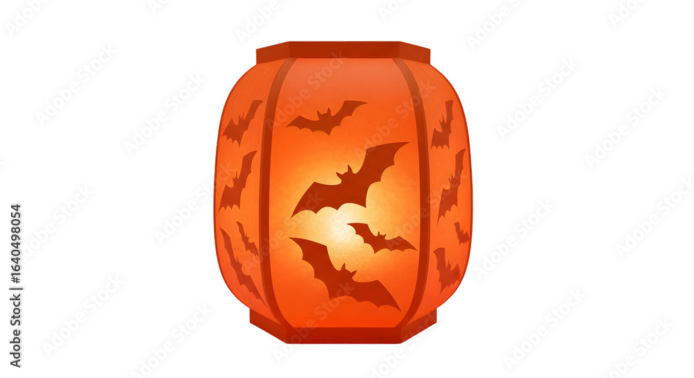 Fototapeta premium Spooky glowing orange Halloween lantern with bat cutouts creates festive holiday atmosphere and eerie ambiance for parties