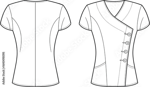 Women's scrub top fashion flat sketch, short sleeve medical uniform design, nurse tunic illustration, healthcare apparel template, button front closure, pockets