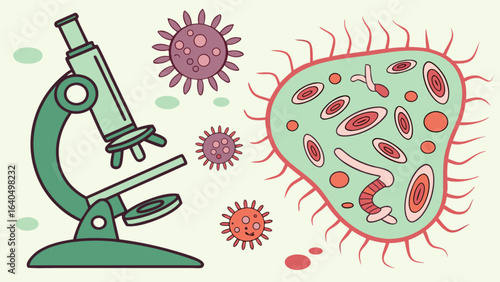 Microscope illustration of virus bacteria cells science biology medical research laboratory microbiology study