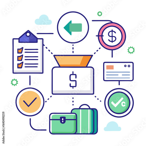 Financial process flow chart with money funnel and checklist