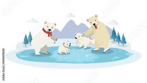Polar bear family cartoon illustration winter scene vector graphic animal arctic wildlife cute bear cubs ice fun