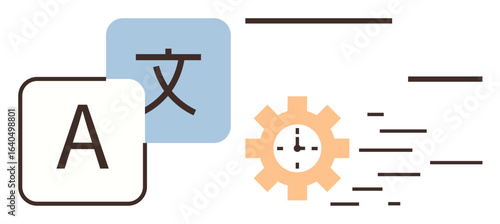 Language icons and a clock inside a gear convey translation, efficiency, and automation. Ideal for localization, productivity, global communication, machine learning, technology, workflow efficiency