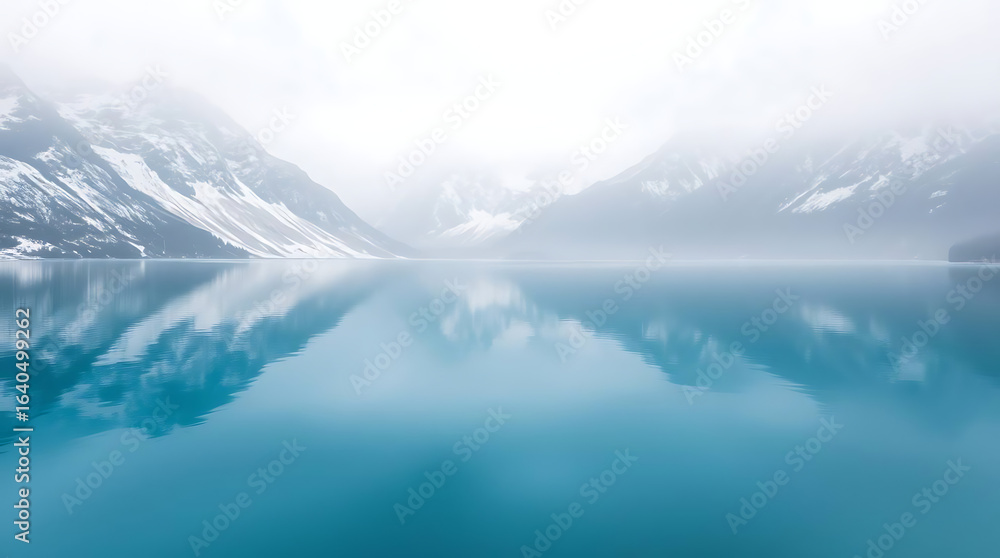 custom made wallpaper toronto digitalSerene Mountain Lake Reflection Under Misty Hazy Sky Capturing Snow-Capped Peaks