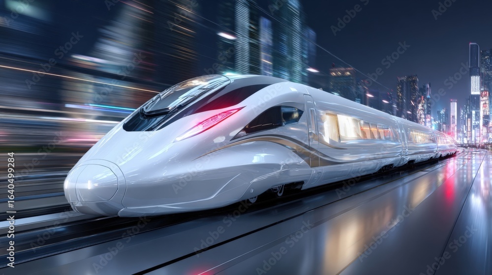 Obraz premium A futuristic high-speed train speeding through a neon-lit cityscape at night,representing modern transportation.