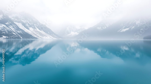 Wallpaper Mural Serene Mountain Lake Reflection Under Misty Hazy Sky Capturing Snow-Capped Peaks Torontodigital.ca