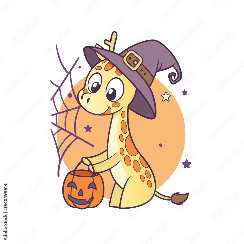 Naklejka premium Cartoon giraffe wearing a witch hat holds a pumpkin bucket, with a spiderweb and stars on an orange background.