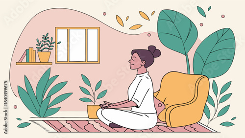 Woman meditating at home for relaxation and mindfulness practice with plants and cozy interior design style