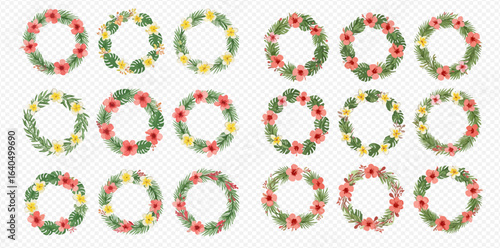 A collection of eighteen watercolor tropical wreaths featuring red and yellow flowers with lush green leaves, arranged in a grid on a transparent background.