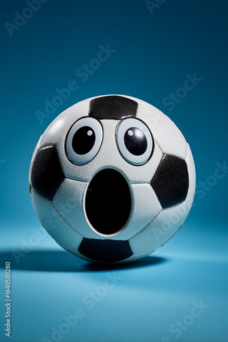 Soccer ball with expressive eyes showcasing emotion against a bright blue background, perfect for sports-themed designs and playful graphics