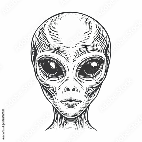 Alien sketch vintage engraving illustration representing extraterrestrial mystery and retro sci-fi, suitable for use in science fiction storytelling, paranormal themes, and vintage graphic projects