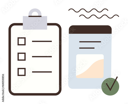 Checklist with three boxes, document with content, wavy lines, and verification mark. Ideal for organization, tasks, productivity, planning, validation success simplicity simple flat metaphor