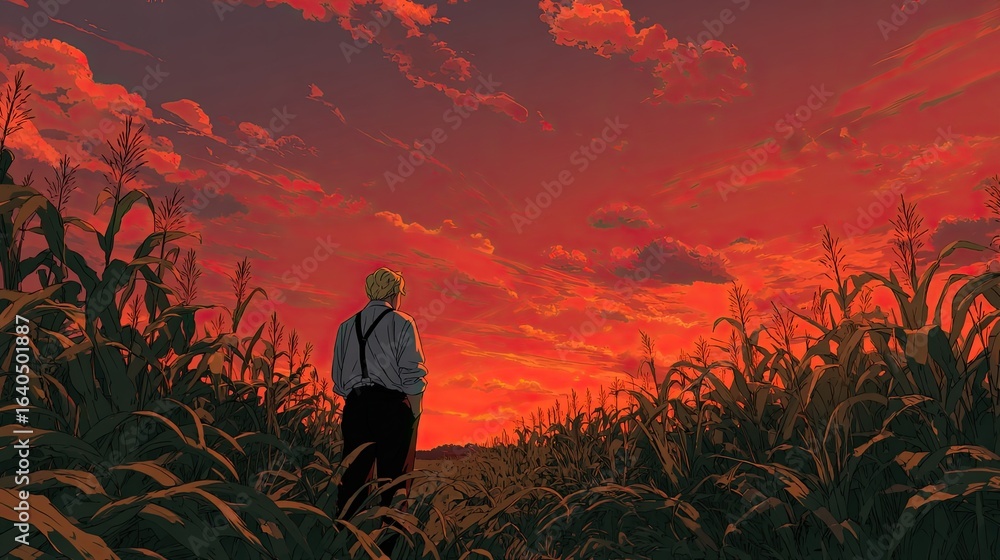 Fototapeta premium A solitary figure walks through a cornfield at sunset. A vibrant, stylized sunset fills the sky with fiery hues