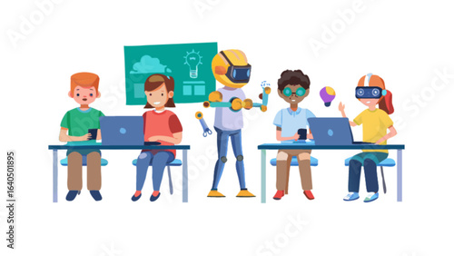 Children learning robotics and coding in a classroom with a robot and vr headsets design vector