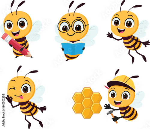 Set of Cute bee mascot cartoon with different expression