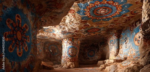 Shamanic vision ritual in paleolithic cave painted with vivid spiritual symbols