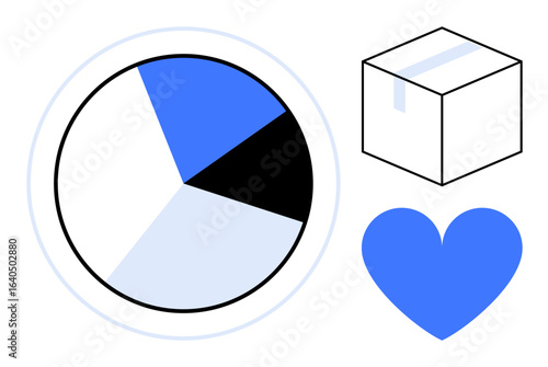 Minimalist pie chart in blue, black, and white colors, a package, and a heart icon. Ideal for analytics, data visualization, business strategy, logistics delivery customer satisfaction simple