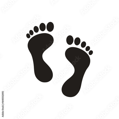 Isolated illustration of black pictogram footprint, foot print, trace bare feet on ground, step, steps, for nature, adventure, sports graphic template
