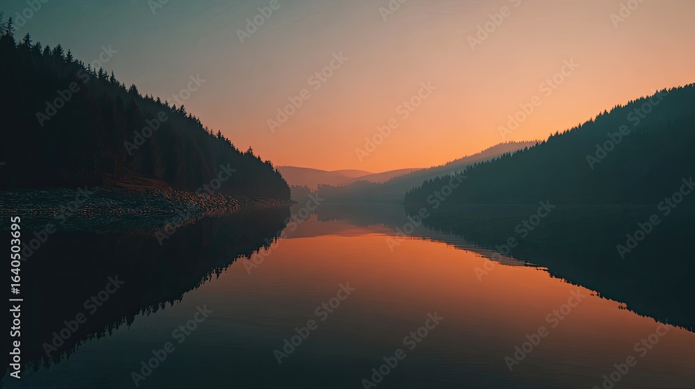 Fototapeta premium Calm lake at sunset, misty mountains