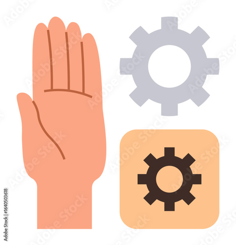 Open hand beside two mechanical gears, one in gray and another in a yellow box. Ideal for teamwork, technology, support, engineering, collaboration, innovation and workflow concepts. Simple flat
