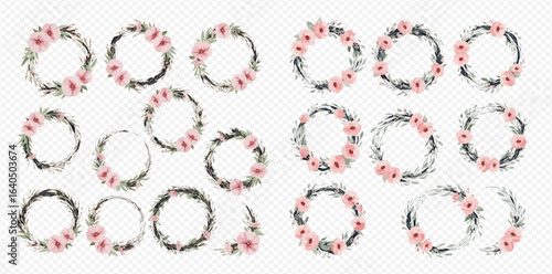 A collection of delicate watercolor wreaths featuring pink flowers and green leaves, arranged in circular frames for decorative designs.