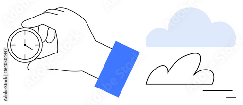 Hand holding clock with minimal clouds, showcasing themes of time management, planning, productivity, and goal-setting. Ideal for scheduling, mindfulness, efficiency, career growth strategic