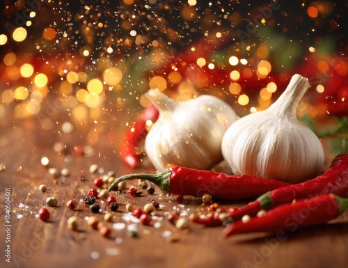 Fresh garlic and chili peppers on a rustic wooden surface, with bokeh lights