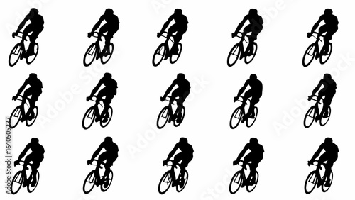 Silhouette depiction of multiple cyclists riding bicycles in a structured arrangement on a white background