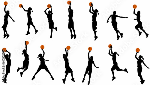 Silhouettes of basketball players in various action poses with basketballs on a white background image art
