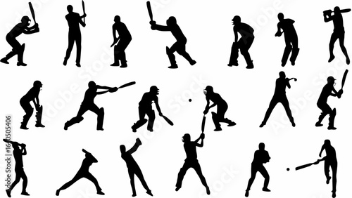 Silhouette illustration showing various cricket players in action poses on a white background scene art