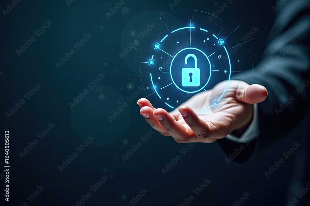 Hand holding a holographic security lock icon. Hand holding a holographic security lock icon.
