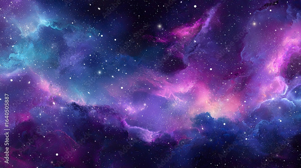 Naklejka premium Cosmic nebula, swirling hues of space, scattered stars