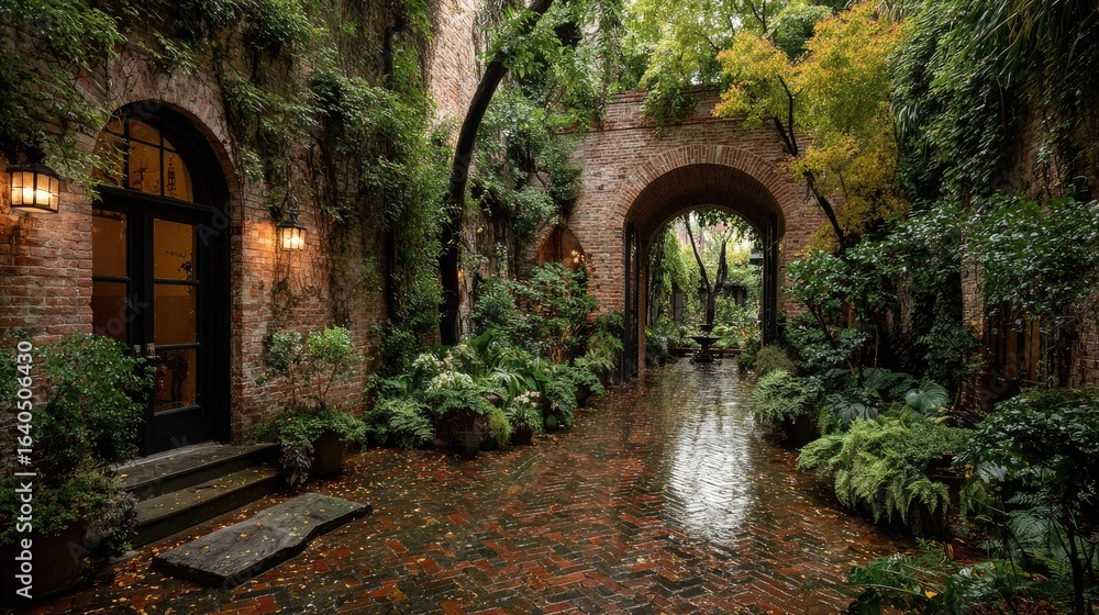 Fototapeta premium Rain-swept courtyard with lush greenery