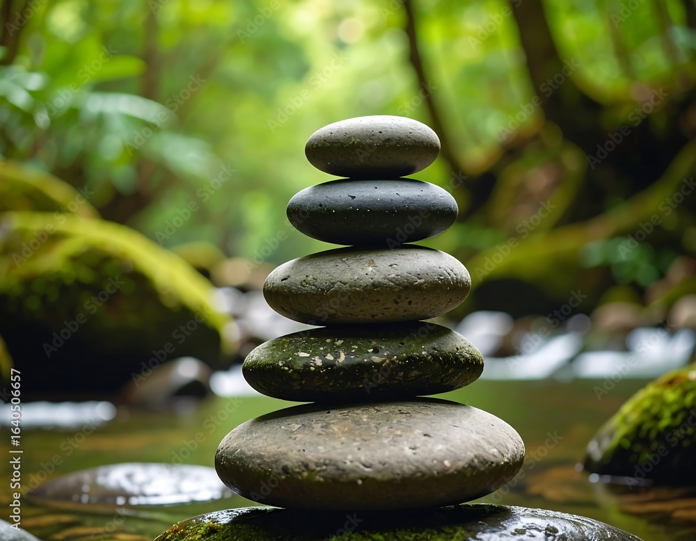Zen Stones Stacked in Serene Natural Environment for Peaceful Meditation Zen Stones Stacked in Serene Natural Environment for Peaceful Meditation
