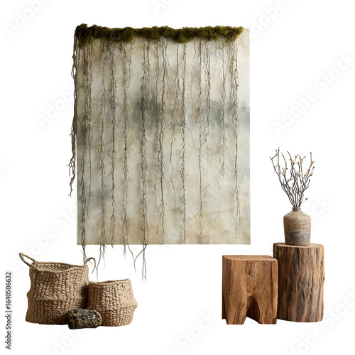 Rustic tableau with moss, branches, baskets
