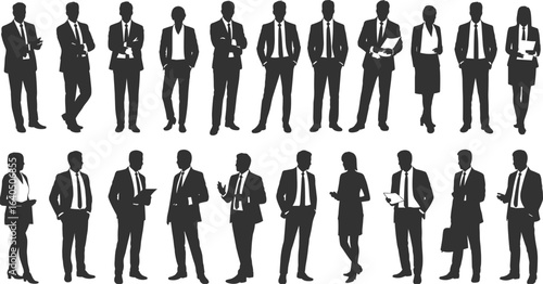 Business people silhouettes, office professionals, corporate team, standing group, leadership, formal attire, workplace diversity, teamwork, career success, digital age, communication, strategy