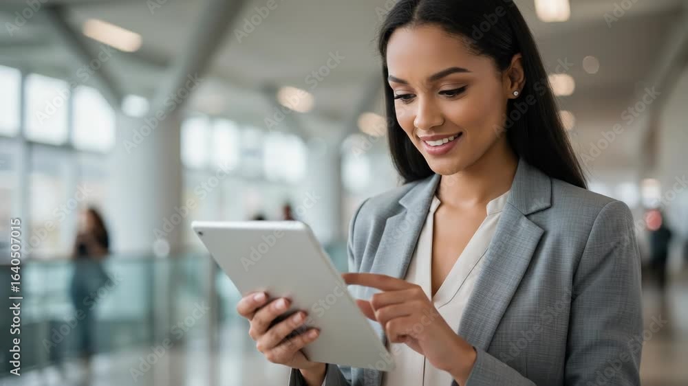 A smiling businesswoman in a grey suit uses a tablet computer in a modern office setting, looking at the screen A smiling businesswoman in a grey suit uses a tablet computer in a modern office setting, looking at the screen
