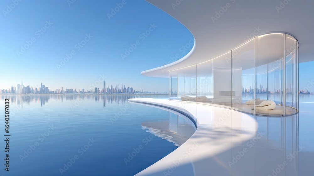 Fototapeta premium A modern curved building with glass walls and a white exterior overlooks a calm body of water with a cityscape in the background.