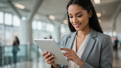 A smiling businesswoman in a grey suit uses a tablet computer in a modern office setting, looking at the screen