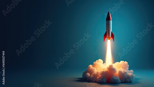 A rocket launches into a dark space.