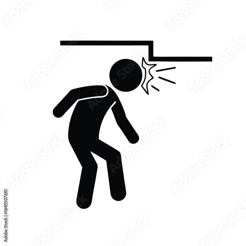 Isolated illustration of man walking with head hit low ceiling for safety sign mind your head, low up ceiling caution, head lowering instruction, drop hazard
