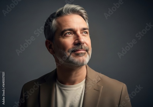 Thoughtful middle aged man with graying hair and beard