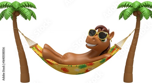 Cartoon horse relaxing in hammock with palm trees