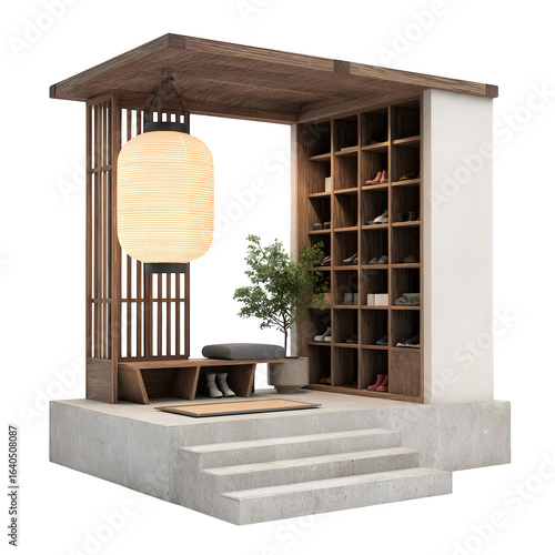 Minimalist wooden pavilion with lantern, shoe storage, and bonsai tree