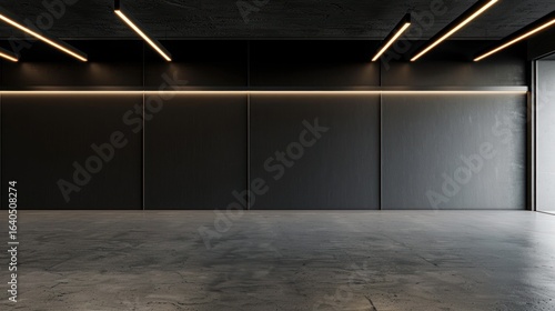 Modern dark room, empty space, concrete floor, city view, advertisement